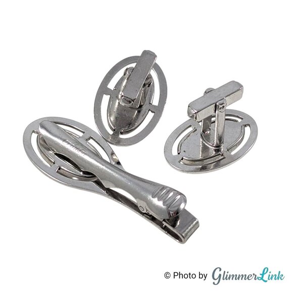 Anson Silver Tone Black Oval Cufflinks & Tie Bar Set with Diamond Accent, 1970s - Picture 8 of 11